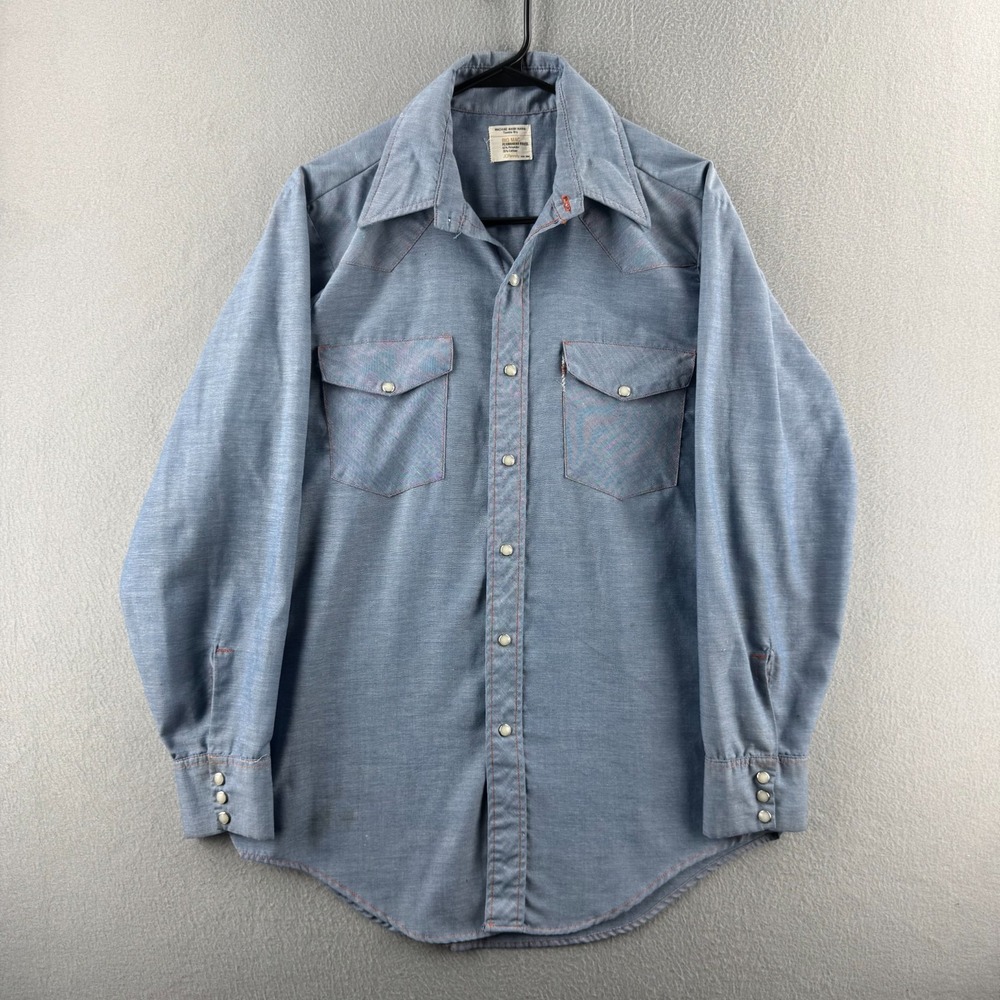 Vintage 70s Big Mac Shirt Mens Medium 21x31 Perm Pressed Chambray Work Button Up